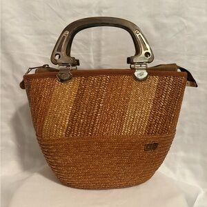 Pier Giorgio Woven Handbag ItalianStraw Brown Bag Gold Hardware Accents 13 X9X4”